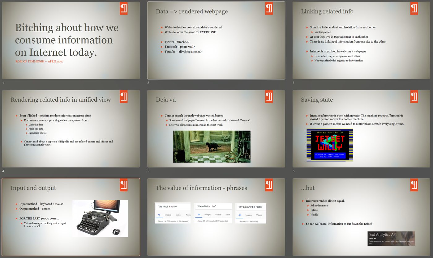 Contact sheet of slides from the April 2017 talk, covering how browsers render information per-site, losing history, and the problem of saving state