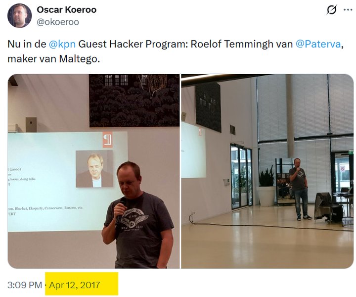 A tweet by Oscar Koeroo dated 12 April 2017: 'Nu in de @kpn Guest Hacker Program: Roelof Temmingh van @Paterva, maker van Maltego.' with two photos of Roelof presenting